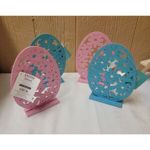 Set of 4 Wooden Glitter Table Top Easter Egg Decor Pink Blue 8" x 5.5"